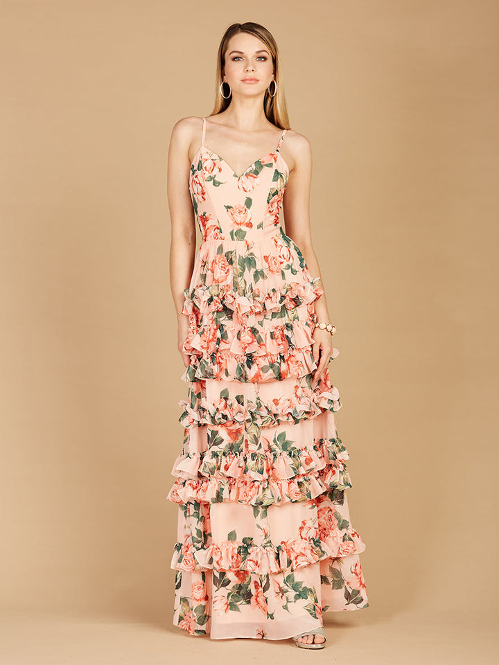 Lara 29242 - Ruffle Skirt Printed Gown with Spaghetti Straps - FOSTANI