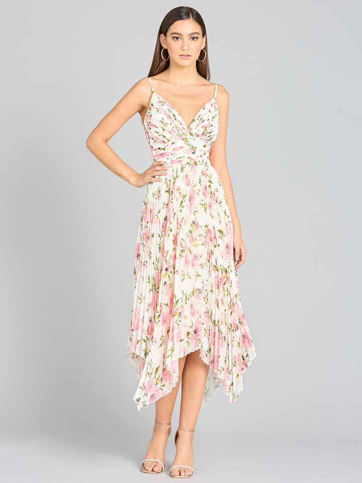 Lara 29243 - V-Neck Printed Midi Length Dress with Pleats - FOSTANI