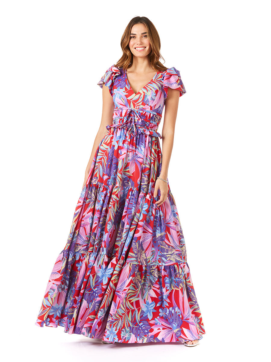 Lara 29276 - V-Neck Long Print Gown with Cap Sleeves - FOSTANI