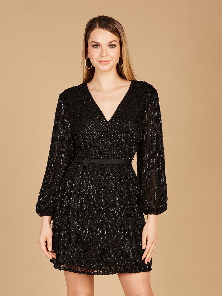 Lara 29287 - Long Sleeve Cocktail Wrap Dress - FOSTANI