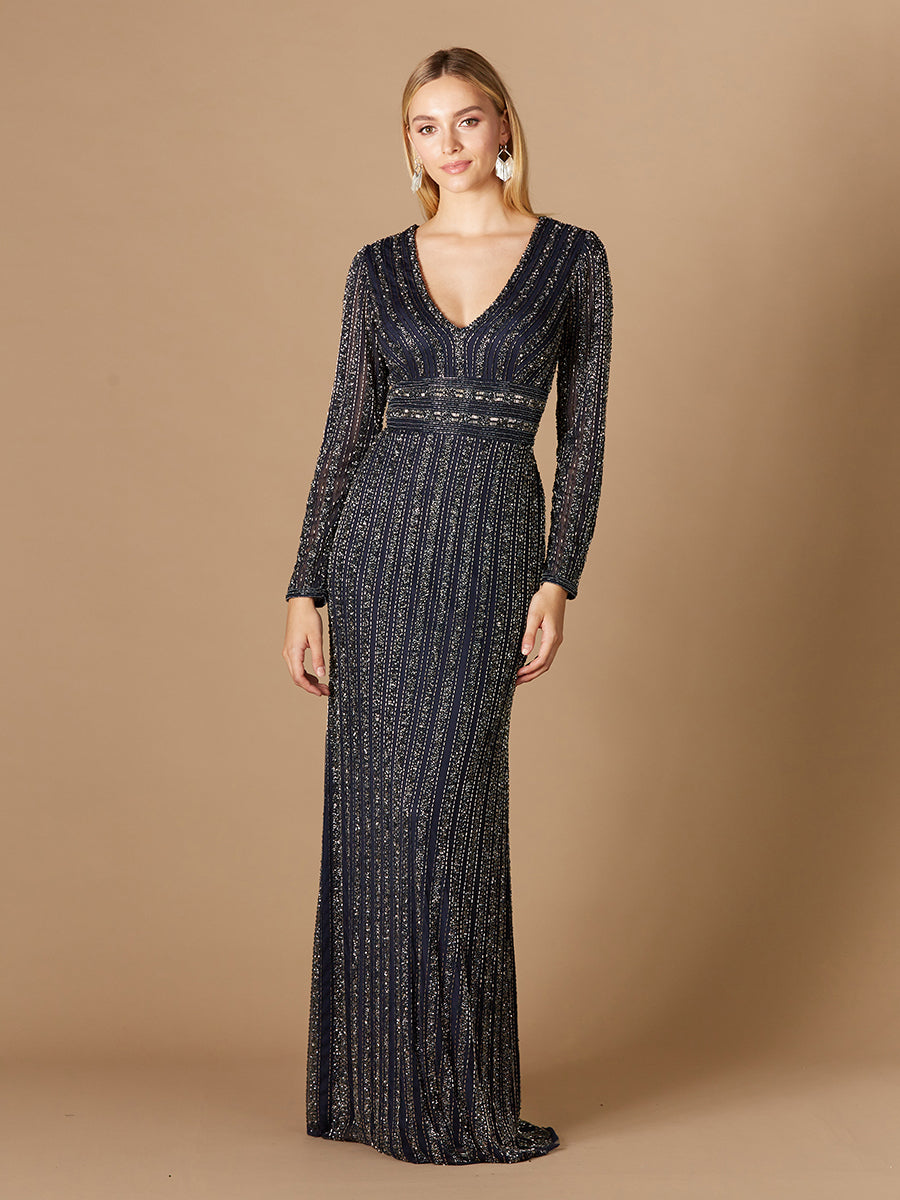 Lara 29343 - Long Sleeve Beaded Gown - FOSTANI