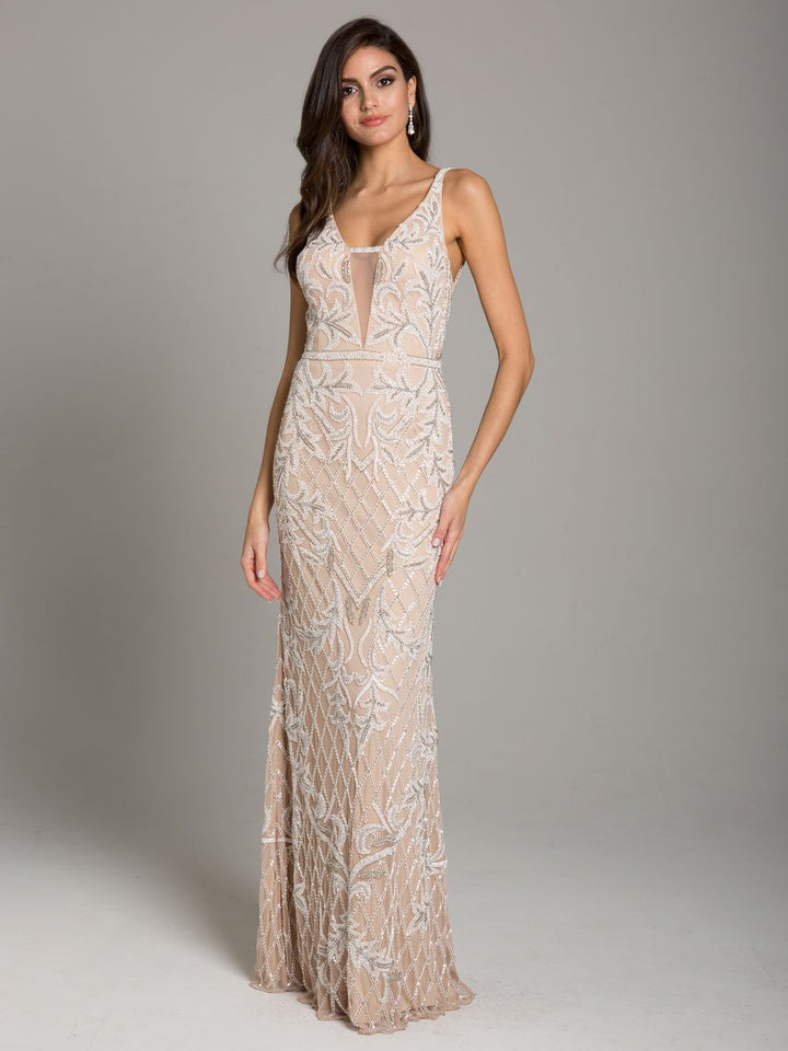 Lara Beverly Long Beaded Low Back V Neck Sleeveless Dress - FOSTANI