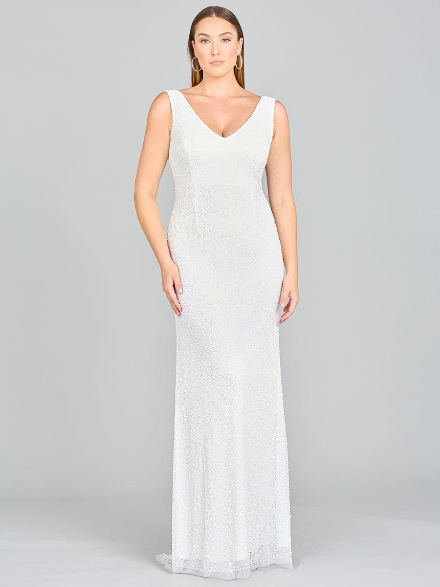 Lara Erika Beaded Draped Cowl Back V-Neck Wedding Dress - FOSTANI