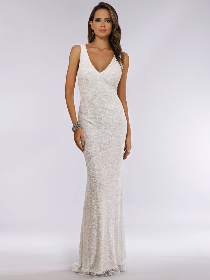 Lara Erika Beaded Draped Cowl Back V-Neck Wedding Dress - FOSTANI