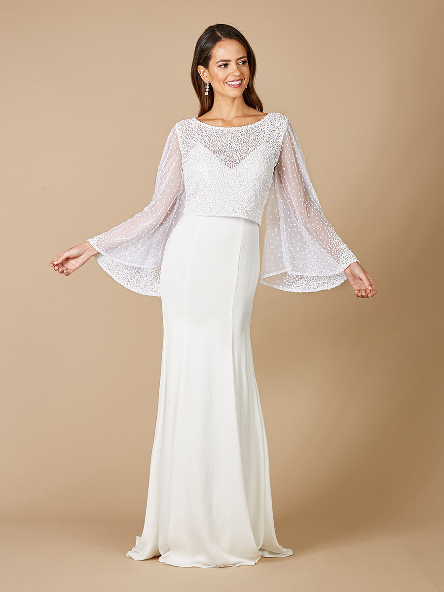 Lara Grace Beaded Long Sleeve Bridal Capelet Top - FOSTANI