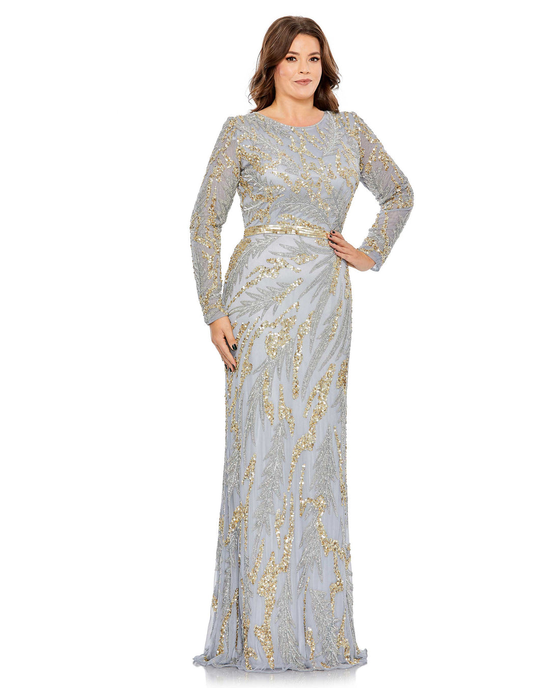 Long Sleeve High Neckline Embellished Gown - FOSTANI