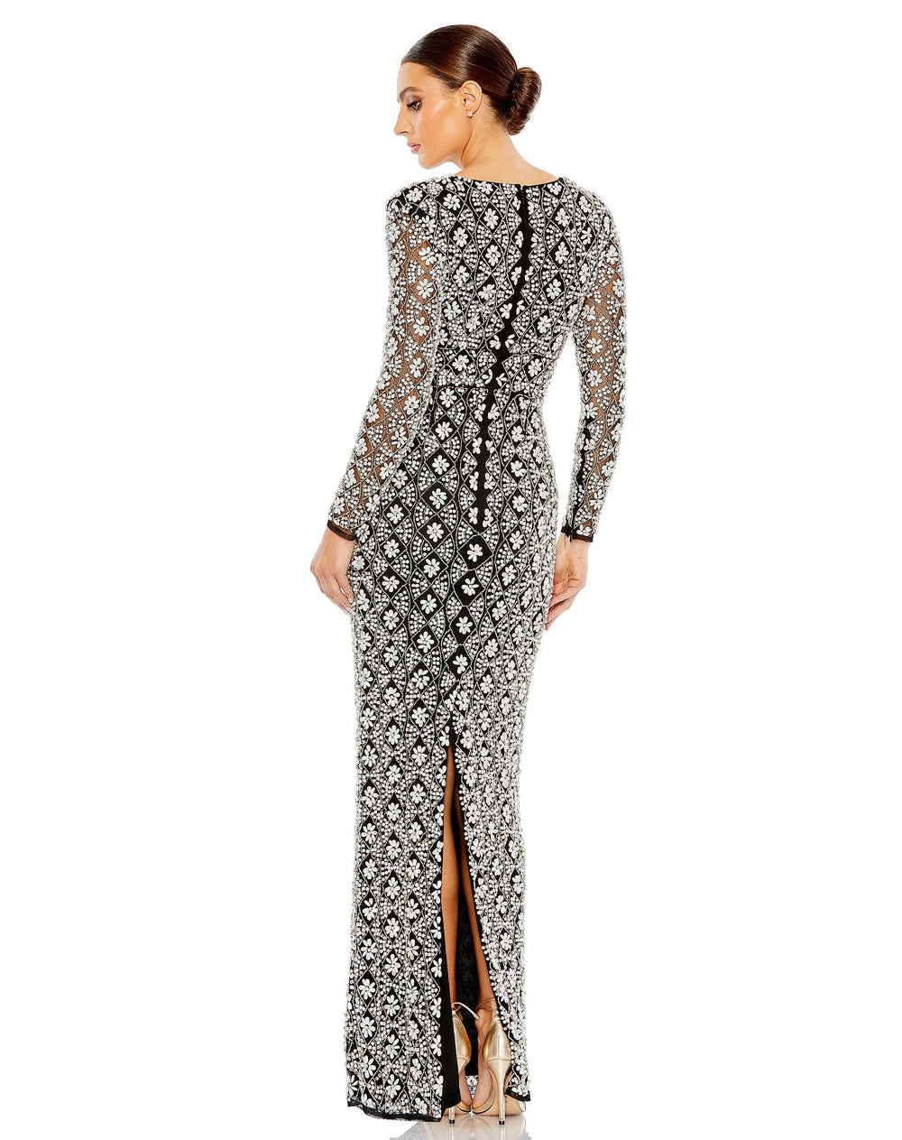 Fully Beaded Long Sleeve Column Gown - FOSTANI