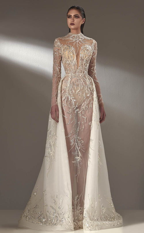 MNM Couture K3895 High-Neck Long Sleeve Embellished Gown with Overskirt