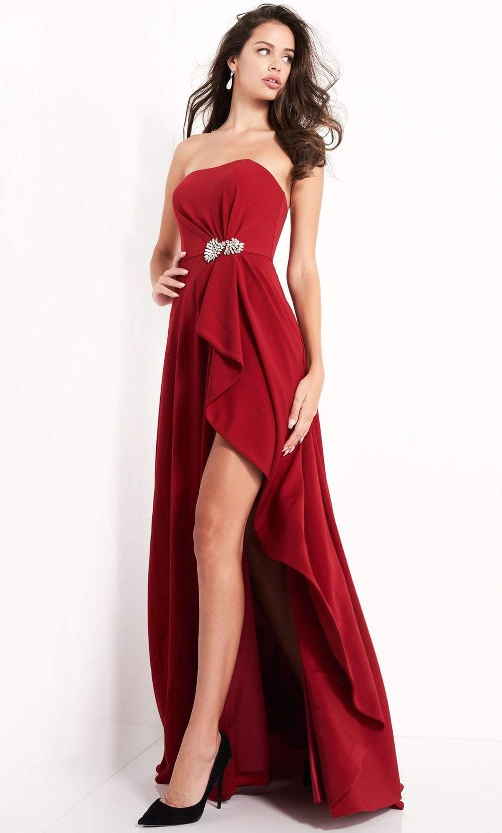 Jovani - 4517 Strapless Jewel Accent High Slit A-Line Evening Dress - FOSTANI