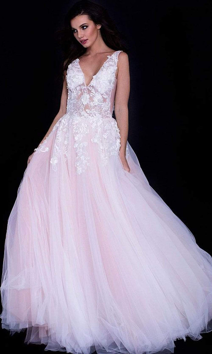 Jovani 55634 Sheer Floral Appliques V-Neck  Ballgown - FOSTANI