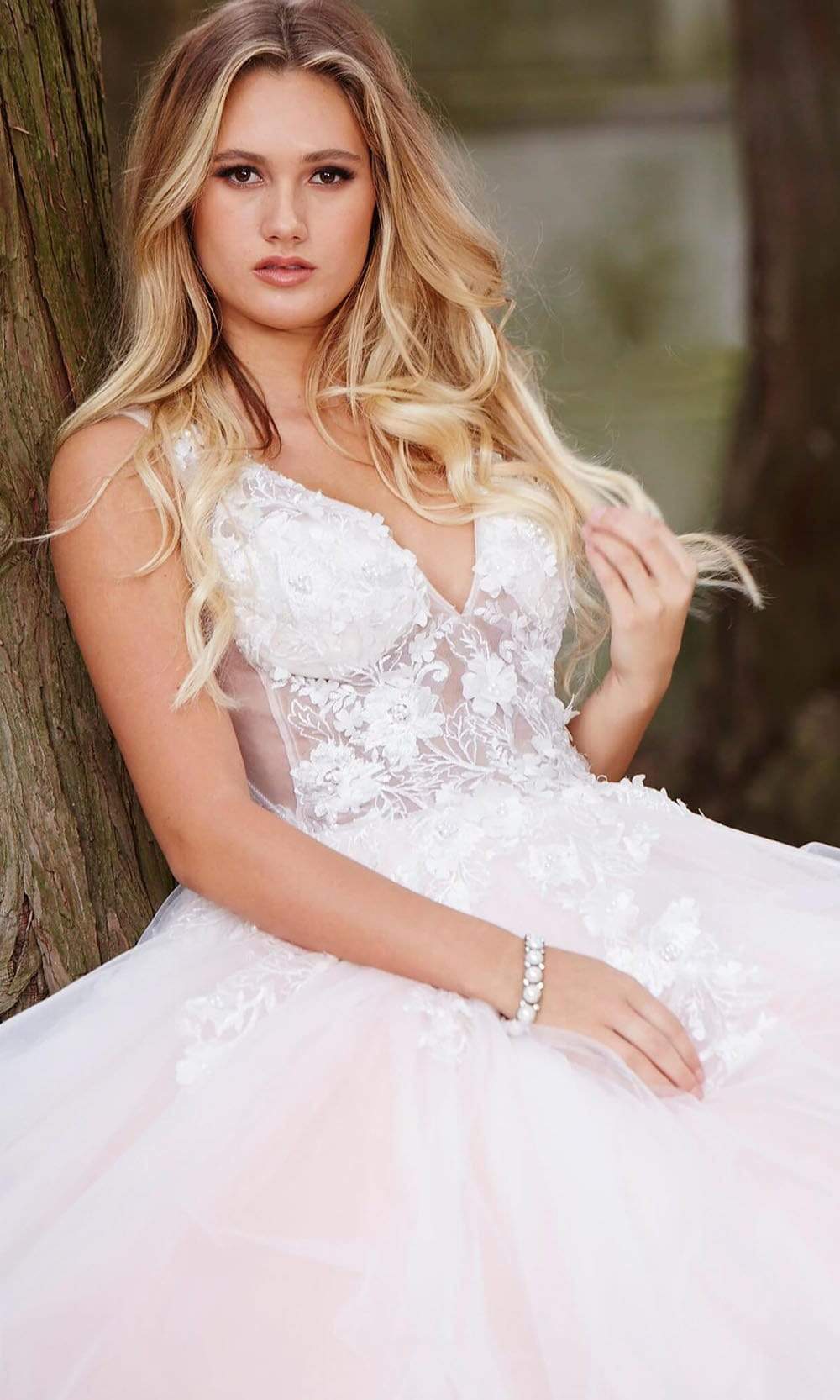 Jovani 55634 Sheer Floral Appliques V-Neck  Ballgown - FOSTANI