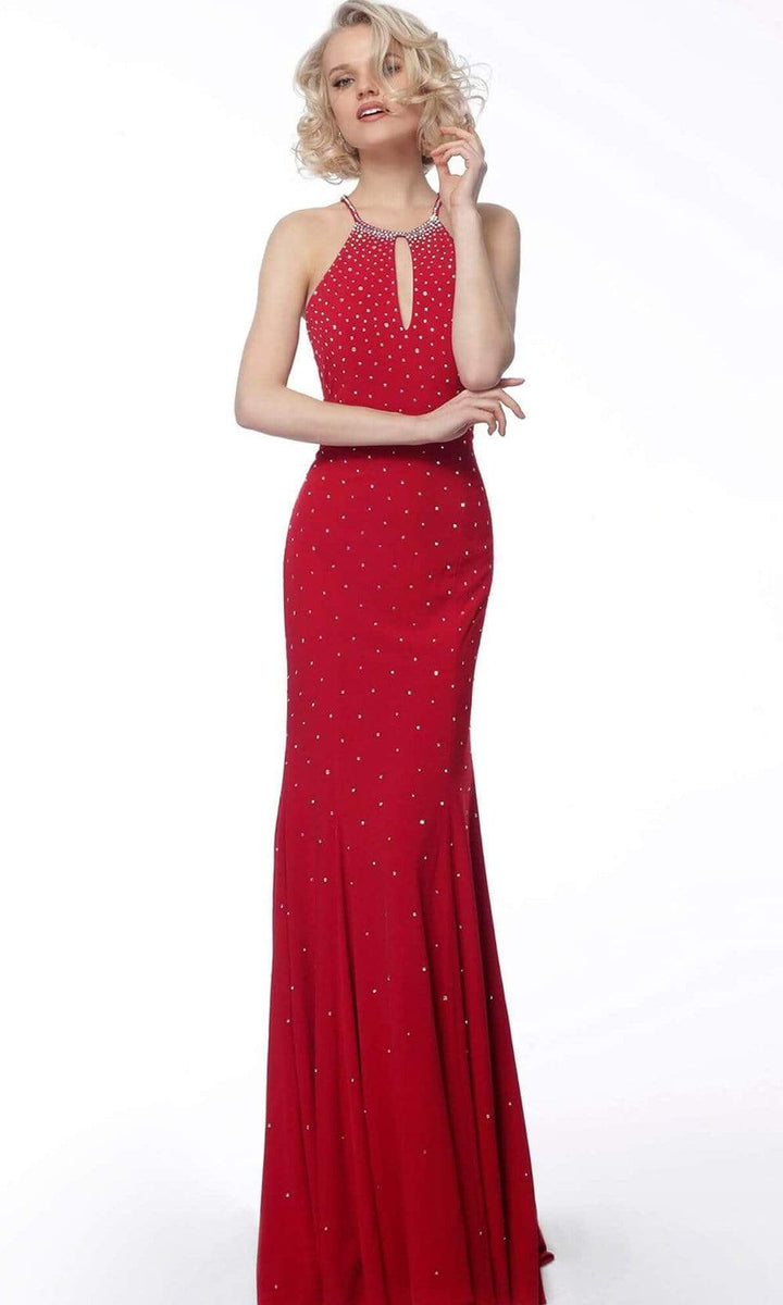 Jovani - 67101 Beaded Halter Jersey Trumpet Dress - FOSTANI