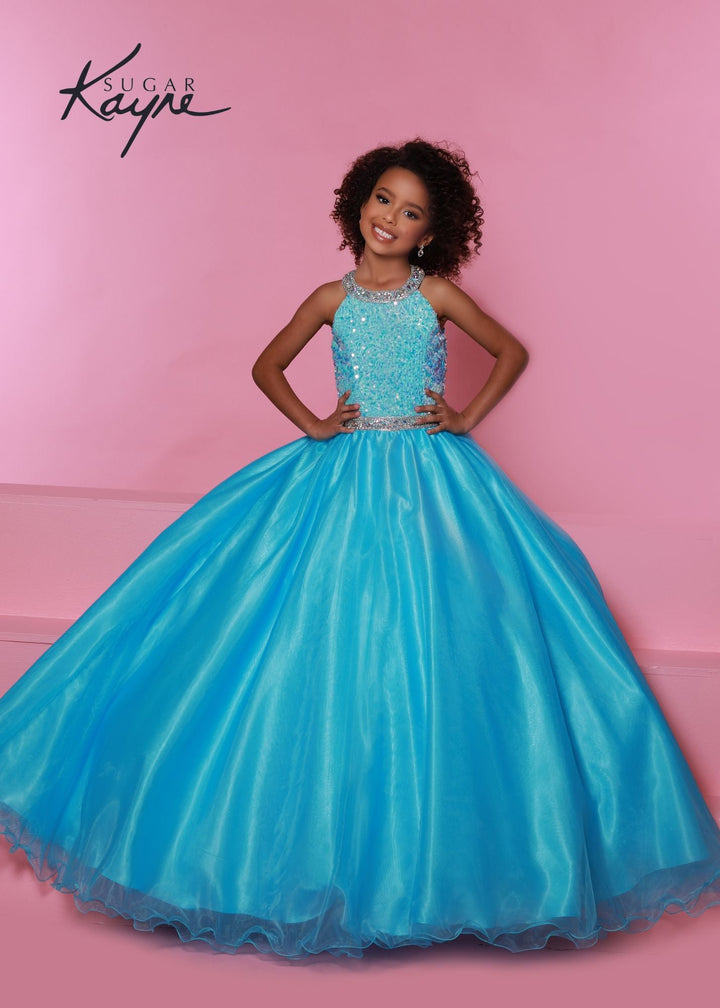 Sugar Kayne C321 Velvet Sequin High neck Girls Pageant Dress Shimmer Ballgown Formal - FOSTANI